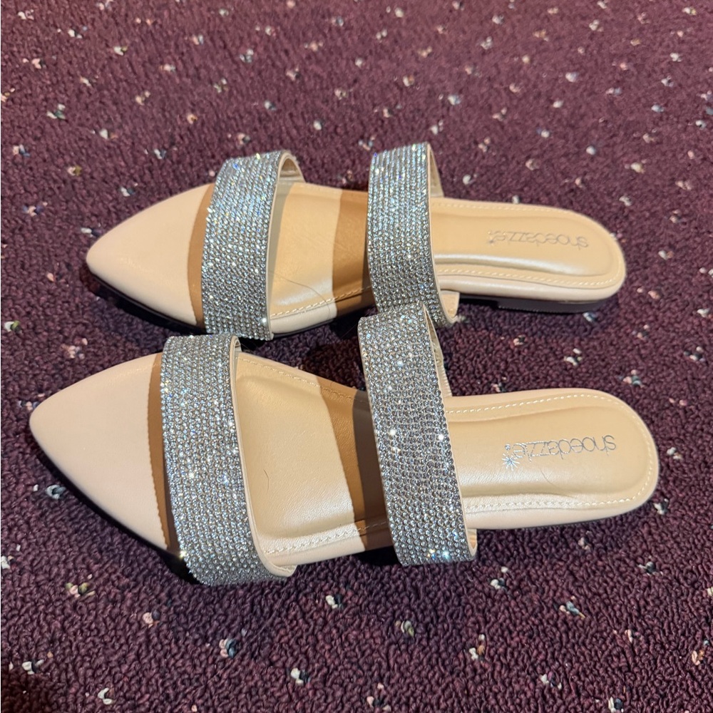 Brand New! Tan and Glittering Silver Mules